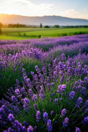 Lavender field at sunset in Provence, France.の素材