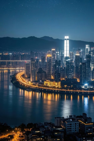 Night view of hong kong city skyline with skyscrapersの素材