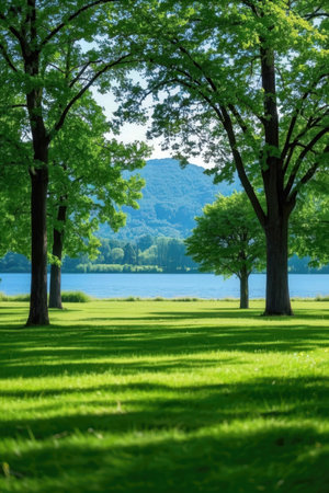 Green trees in a park with lake and mountains in the background.の素材