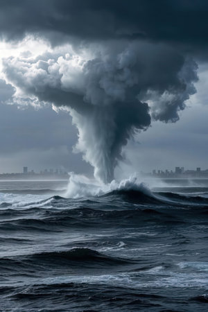 Stormy weather in the sea. Big stormy waves in the ocean.の素材