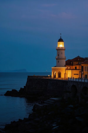 Lighthouse in the town of Rovinj at night, Croatiaの素材