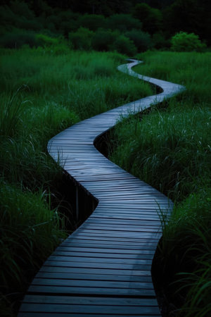 Wooden path in the meadow with green grass in the backgroundの素材