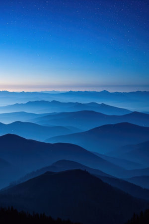 Mountain landscape at night. View from the top of the mountain.の素材
