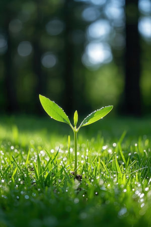 Young green sprout with dew drops on the grass in the forestの素材