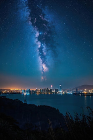 Milky Way over the city at night with starry sky.の素材