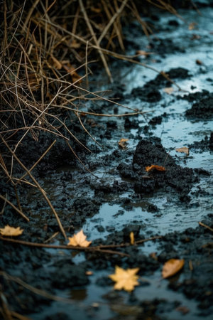 Puddle of water with fallen leaves in autumn. Selective focus.の素材