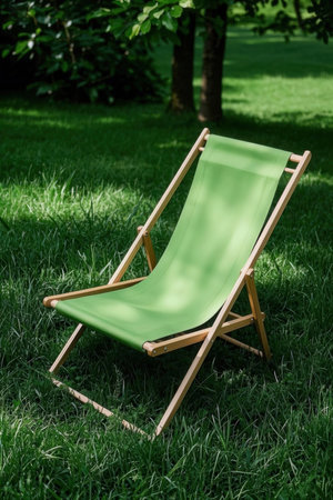 Green deck chair on green grass in the garden. Relaxation concept.の素材