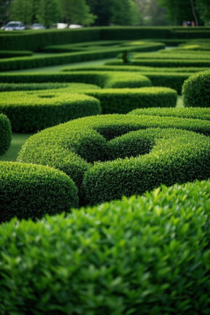 Beautiful green hedge in the park. Natural background and texture.の素材