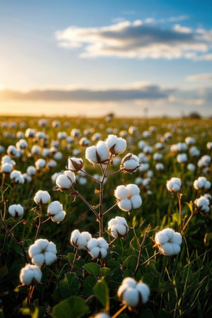 Fluffy cotton flowers on field at sunset. Natural cotton background.の素材