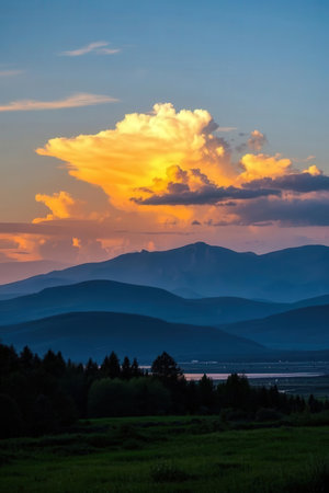 Sunset over the mountain range. Altai, Siberia, Russiaの素材