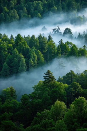 Foggy morning in the coniferous forest. Carpathians, Ukraineの素材
