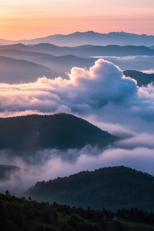 Foggy morning in the Carpathian mountains, Ukraine.の素材