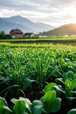 Cabbage field in the countryside of Bavaria with mountains in the backgroundの素材
