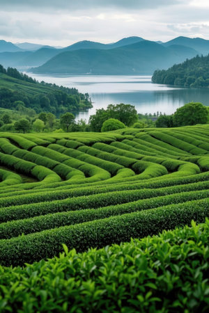 Beautiful landscape with lake and mountains in the morning mist at sunriseの素材