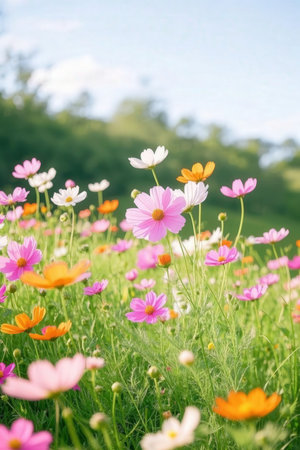 Beautiful cosmos flowers in the field with blue sky background, soft focusの素材