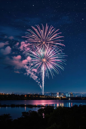 Colorful fireworks in the night sky over the city and the lakeの素材