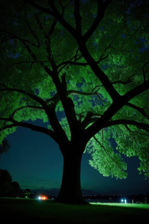Night view of big tree with green leaves, illuminated by the lightの素材