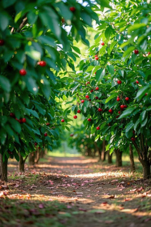 Cherry trees with ripe red cherries in the orchard.の素材