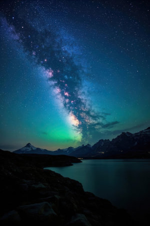 Milky Way Aurora borealis over Lofoten islands, Norwayの素材