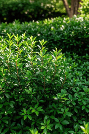 Green bush in the garden. Green bush in the garden. Nature backgroundの素材