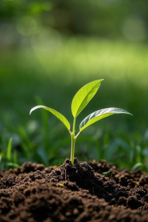 Green seedling illustrating concept of new life and growing up from seedの素材