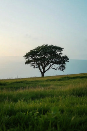 Tree on the grassland at sunset with sea in the background.の素材