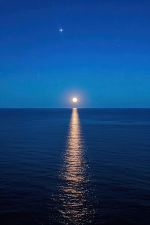 Moon over the sea. Night sky with stars and moonlight.の素材
