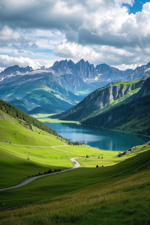 Beautiful alpine landscape with lake in Dolomites, Italyの素材