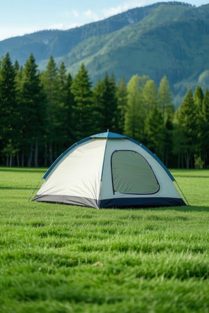 Camping tent on a green meadow with mountains in the backgroundの素材