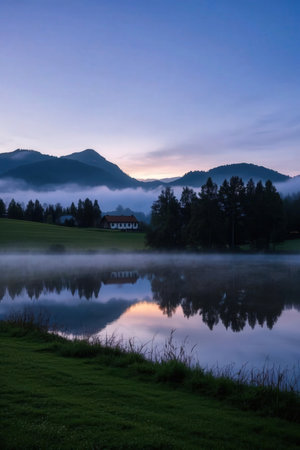Morning mist on a lake in the mountains, Bavaria, Germanyの素材