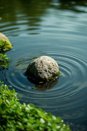 Stone in the water with green leaves and ripples in the backgroundの素材