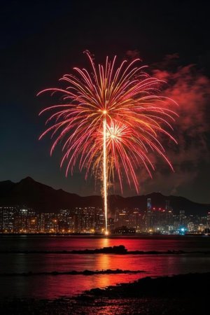 Fireworks on the beach in Hong Kong at night. China.の素材