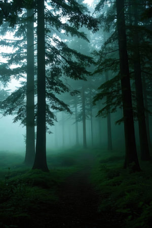Foggy forest in the morning. Dark silhouettes of treesの素材