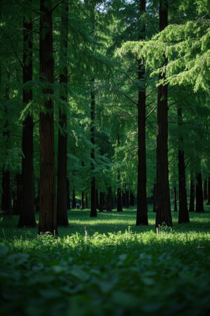 Beautiful pine trees in the forest on a sunny summer day.の素材