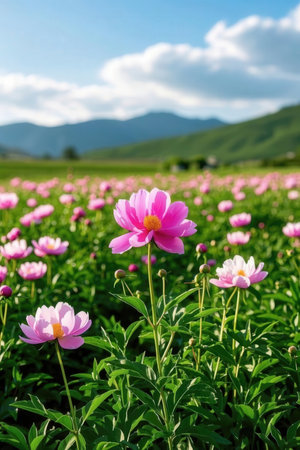 Field of pink cosmos flowers with blue sky and mountain background in summerの素材