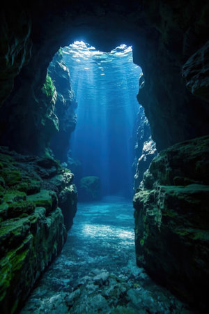 Underwater view of a cave with sunlight coming through the hole.の素材