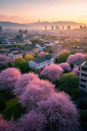 Cherry blossoms in the city at sunset, Tokyo, Japanの素材