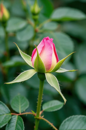 Pink rose bud in the garden on a background of green leaves.の素材