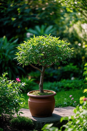 Bonsai tree in a pot on a background of green foliageの素材