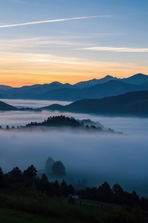 Foggy morning in the mountains, Carpathians, Ukraineの素材