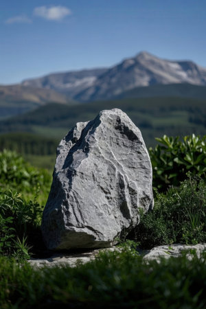 Stone in the meadow with mountains in the background, South Island, New Zealandの素材