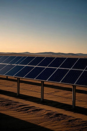 solar energy panels in the desert of morocco at sunsetの素材