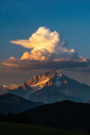 Mountain landscape with clouds at sunset. Dolomites, Italyの素材