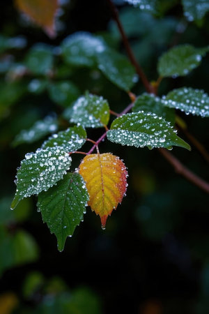 Frost on the leaves of a birch tree in early autumnの素材