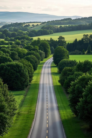 Road in the middle of the field with trees and hills in the backgroundの素材