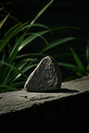 Stone in the garden with green plant in the background. Shallow depth of field.の素材