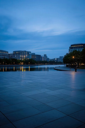 City square at night in Hangzhou, China. Hangzhou is the capital and largest city of China.の素材