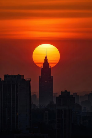 Sunset in the city with silhouette of skyscrapers in the backgroundの素材