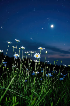 Daisy flowers in the meadow at night with moon and starsの素材
