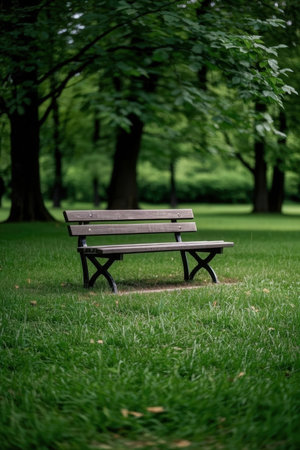 Wooden bench in the park on a background of green grass.の素材